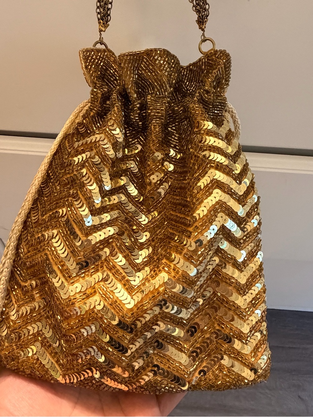 Gold Sequin Drawstring Evening Bag